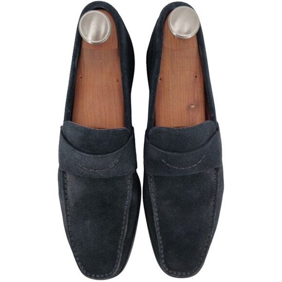 Santoni Italy Navy Blue Suede Leather Dress Shoes Mens Size 10D Slip-on Loafers - Picture 2 of 12